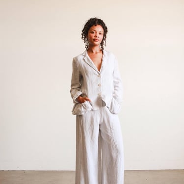 1990s Dove Grey Linen Wide Leg Suit 