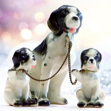 VINTAGE: Ceramic Dog Family - Chained Dog Set - By Wales - Made in Japan - SKU 00034740 