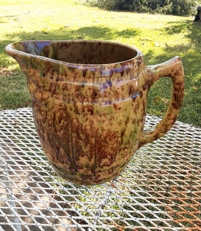 Antique Spongeware Barrel Jug - Yellow Stoneware Water Pitcher -Morton Pottery