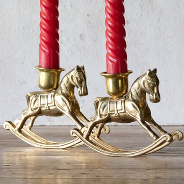 Pair of Brass Rocking Horse Candle Holders, Vintage Rocking Horse Candlestick Holders, Set of Two 