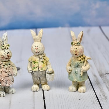 Set of 3 Mini Easter Bunny Figurines Primitive Style Crackle Finish Gardening Bunnies Gift for Easter Spring Easter Display Basket Stuffer 
