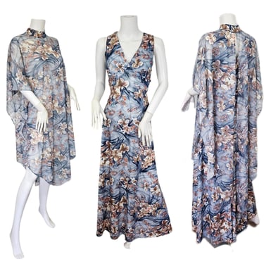 2 Pc Poly Chiffon 1970s Blue Floral Maxi Dress I Sz Med I Cape 