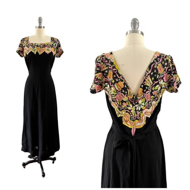 40s Eisenberg Originals Beaded Rayon Floor Length Dress / 1940s Vintage Gown / Medium / Size 8 