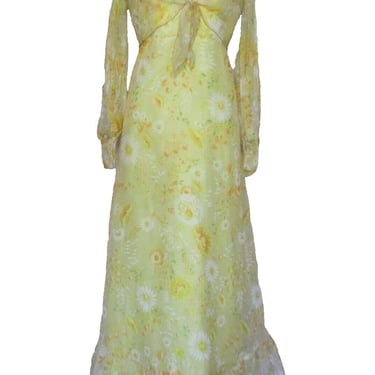 Organza Dress, Vintage Maxi Dress & Bolero Jacket, XS Women, Yellow Floral Print 