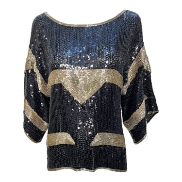 1980's Black and Gold Deco Beaded and Sequined Blouse