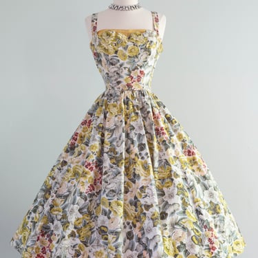Iconic 1950's Emma Domb Summer Floral Print Cotton Dress Trapunto Bodice / Small