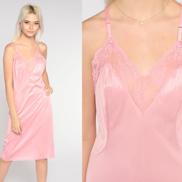 Pink Slip Dress 70s Midi Lingerie Nightgown Dress Nylon Vintage Lace Deep V Neck Spaghetti Strap 1970s Medium 36 