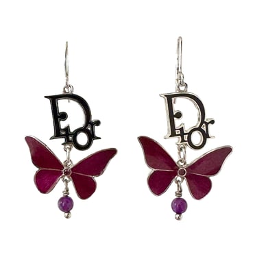 Dior Purple + Silver Logo Butterfly Earrings
