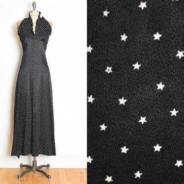 vintage 70s dress black satin STAR print ruffle long maxi prom party disco XS S 