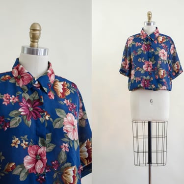 sheer floral blouse | 80s cropped oversized navy blue romantic floral see through smocked vintage blouse 