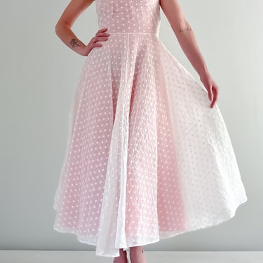 Gorgeous 1950's Ivory and Pink Daisy Dress / Sz XS