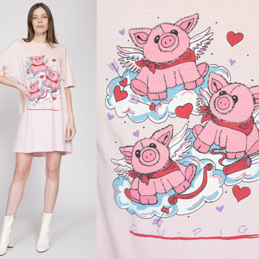 One Size 80s "Cupigs" Valentine's Day Sleep Shirt | Vintage Cute Pig Graphic Cartoon Pajama Mini T Shirt Dress 