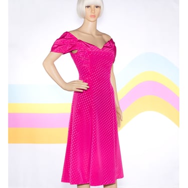 Vintage 1980s Hot Pink Off the Shoulder Dress | Small/Medium 