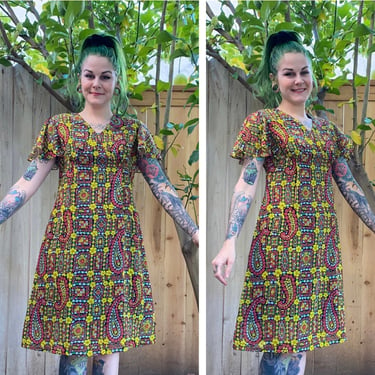 Vintage 1970’s Yellow and Red Floral Paisley Dress 