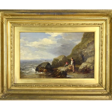 Antique English Oil Painting Couple Collecting Specimens on Rocky Coastline 