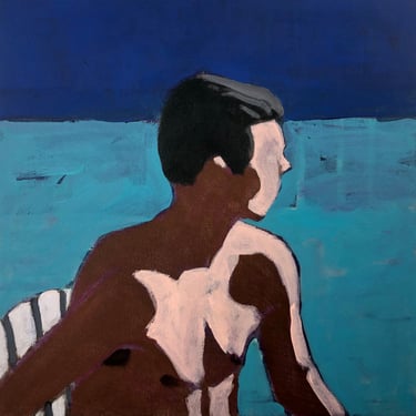 Man by Pool - Original Acrylic Painting on Canvas 14 x 14, aqua, outside, summer, michael van, square, water, blue, sunlit 
