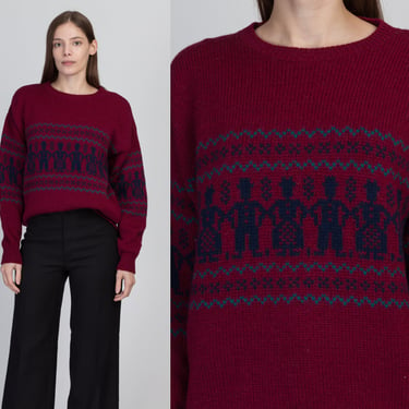 70s Pendleton Novelty Knit Sweater - Men's Medium, Women's Large | Vintage Burgundy Folk Figure Pullover Jumper 