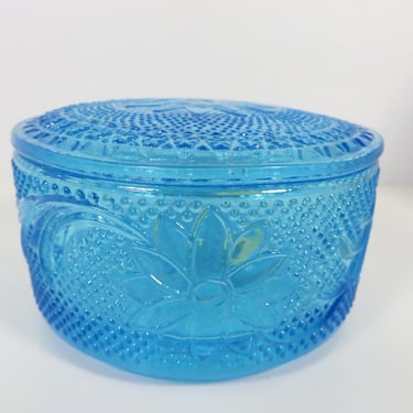 Vintage Tiara Exclusives Turquoise Sandwich Glass Trinket Box - Turquoise Tiara Sandwich Round Glass Box 