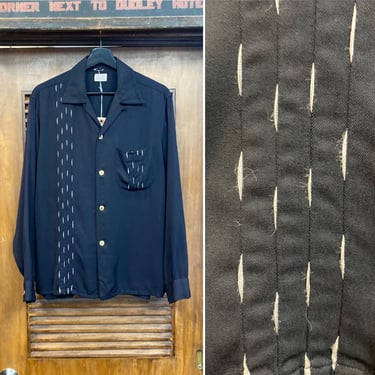 Vintage 1950’s Black Gabardine Pleated Detail Rockabilly Shirt, 50’s Loop Collar, Vintage Clothing 