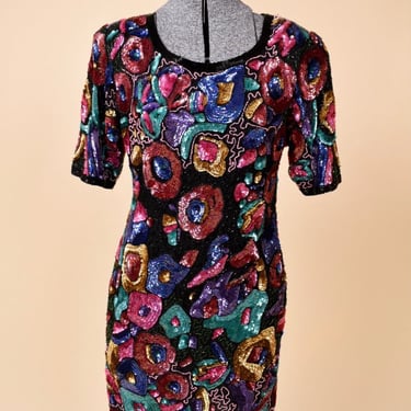 Multicolor Floral Sequin Dress By Fleur de Paris, S