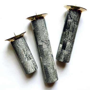 Set of 3 Tessellated Stone & Brass Pillar Candlesticks, Modernism Minimalism Vtg 