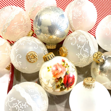 VINTAGE: 12pcs - Mixed Glass Ornament - Flower Decorated Ornaments - Christmas, Holiday, X Mas - SKU Tub-392-00034860 