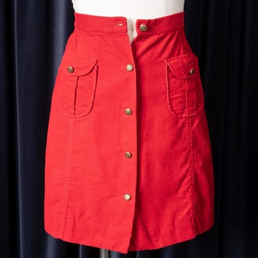 Rare 1970s Patty Woodard for Joseph Magnin Tomato Red Corduroy Mini Skirt with Gold Button Front and Pockets 