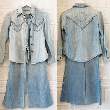Vintage 1970s 70s Studded Denim Two Piece Pantsuit Pants and Shirt S 