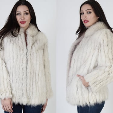 Vintage 80s Cream Arctic Fox Fur Coat, Chubby Real Fur Plush Jacket, Womens Ivory Suede Inlay Ski Jacket 