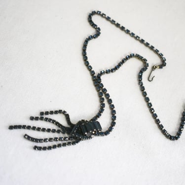Vintage Deep Smokey Blue Rhinestone Dangle Necklace 