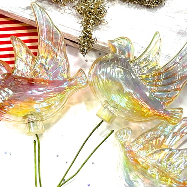 VINTAGE: 3pc Hollow Iridescent Plastic Bird Picks - Stems - Crafts, Corsage, Bouquets, Millinery, Decorations - SKU 
