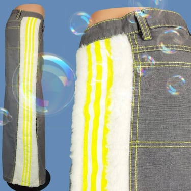 90s furry raver pants! Grey with sherpa & yellow racing stripes. Y2k, clubber, club kid, phat pants, skater, unique vintage. 