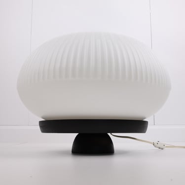 1970s Mushroom Table Lamp | White Ribbed Glass & Black Base | Mid-Century Space Age Light 