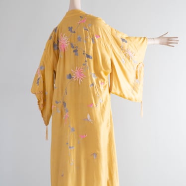 Rare Antique 1920s Japanese Silk Kimono In Goldenrod Embroidered in Pink Flowers & Butterflies / OS