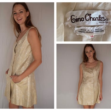1960s Gino Charles Mini Dress / Gold Silver Brocade Sixties Dress with Pockets / Modern Mini Dress / Cocktail Go Go Dress 