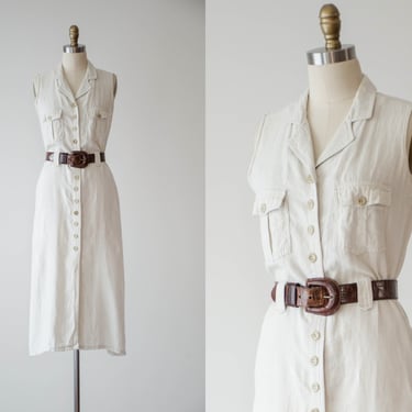 beige linen dress | 90s y2k vintage natural oatmeal linen dark academia sleeveless button down knee length dress 