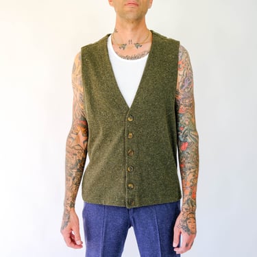 Vintage 80s Giorgio Armani Le Collezioni Dark Olive Green Flecked Wool & Silk Sweater Vest | Made in Italy | 1980s Designer Cardigan Vest 