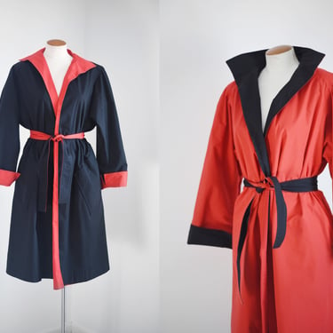 1980s Trigère Reversible Black and Red Trench Coat 