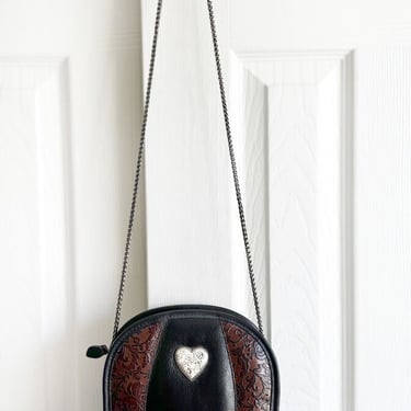 Vintage Heart BRIGHTON Bag Purse, Real Leather, Silver Heart, Chain Strap Crossbody, Brown Black Bucket, Embossed, Charms, 1980's, 1990's 