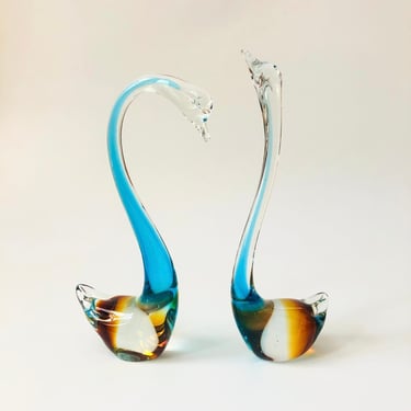 Pair of Vintage Blue Amber Art Glass Swans 