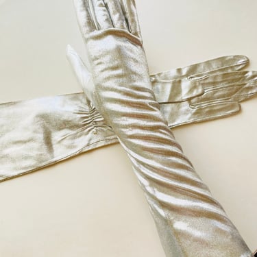 1960s Long Silver Lamé Gloves | 60s Silver Metal | Glenna's