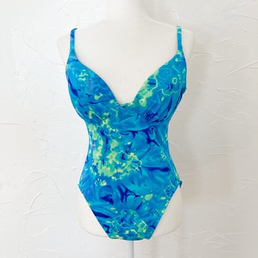 80s Green Blue Turquoise Swirl Tie Dye One Piece High Cut Swimsuit | Medium/Large 