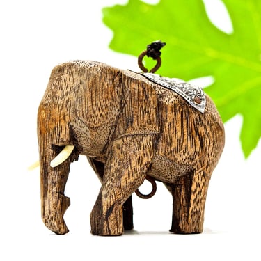 VINTAGE: Small Hand Carved Wood Elephant - African Elephant - Bone Inlay Elephant - SKU 14-E1-00013415 