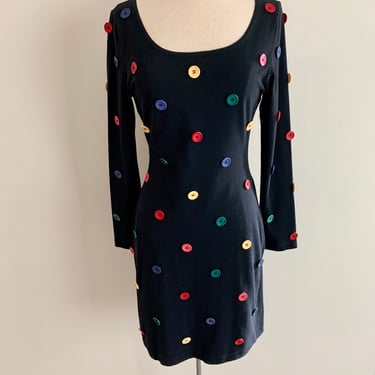 1980s classic body con Tina Hagen black cotton lycra dress with multi color buttons. Size S 