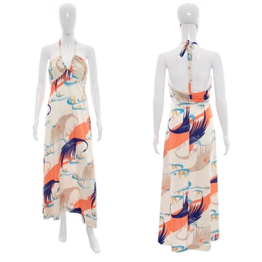 1970's Tori Richardson Crane Print Halter Dress Size M