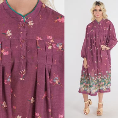 70s Floral Dress Purple Flower Print Tent Boho Midi Dress Button Up \Retro Bohemian Hippie 1970s Vintage Loose Fitting Long Sleeve Large 