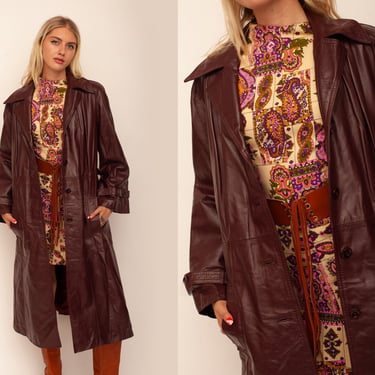 Vintage 1970s Cherry Brown Burgundy Buttery Soft Leather Longline Midi Trench Coat 