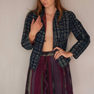 Ikat Skirt / 29" Waist 80's Midi Skirt / Woven Purple and Indigo Skirt / High Waist Skirt 