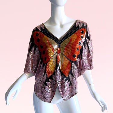 Radiant and Exquisite: 1970s Vintage Swee Lo Butterfly Sequin Silk Multi-Color Kimono Blouse - A Vibrant Piece of Retro Fashion Art 