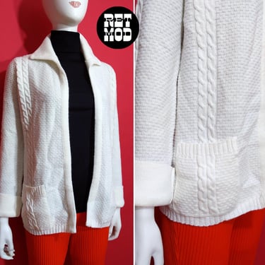 Vintage 60s 70s White Collared Open Cardigan with Cable Knit Pattern and Pockets 